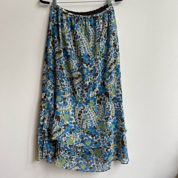 Christopher & Banks Women's Tropical Floral Tiered Ruffled Blue/Cream Skirt Sz M - Picture 2 of 7